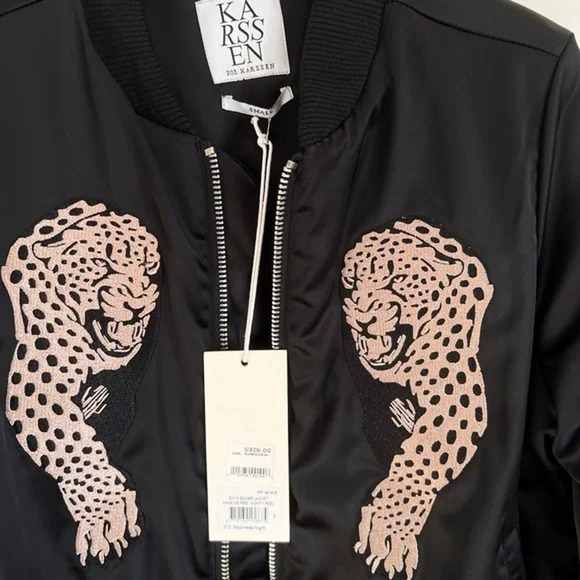 Zoe Karssen Satin Bomber Jacket Leopard Make Me Feel Mighty Reel Size S NWT $325 - Picture 3 of 11